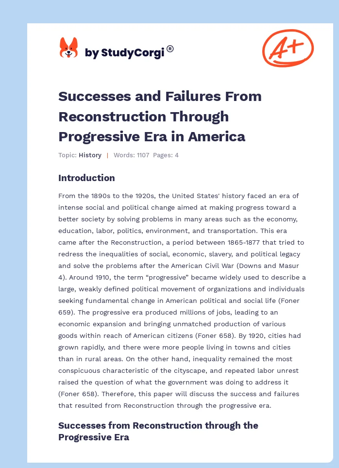 Successes and Failures From Reconstruction Through Progressive Era in America. Page 1