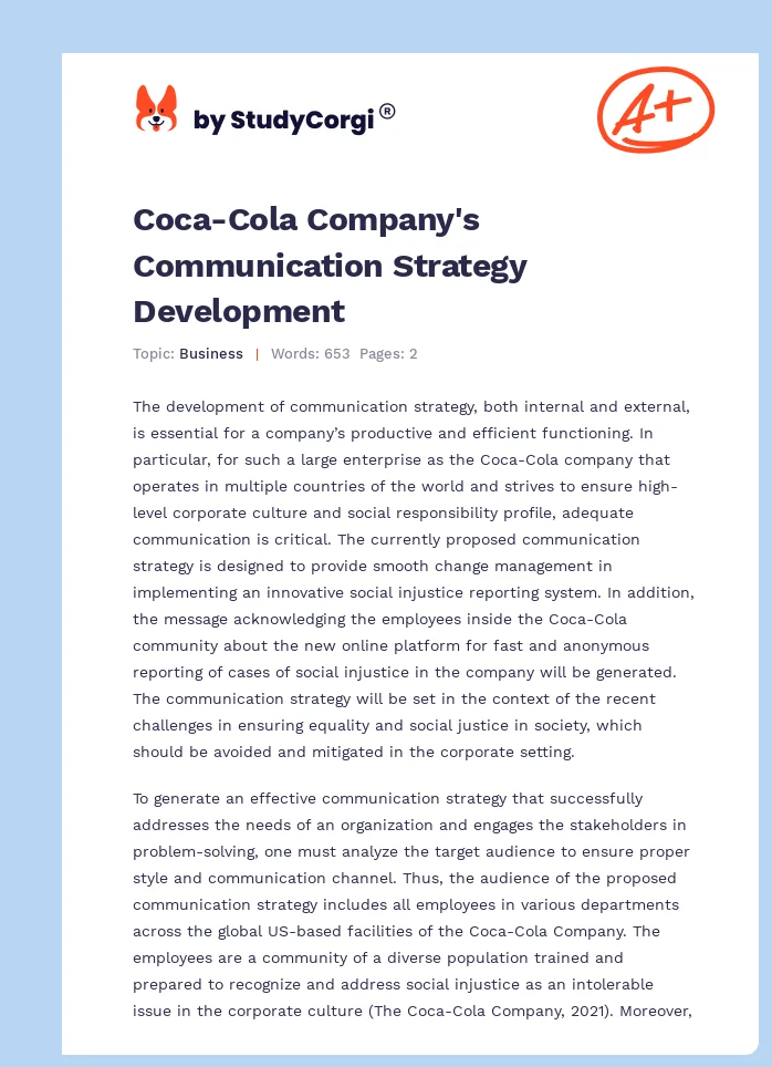 Coca-Cola Company's Communication Strategy Development. Page 1