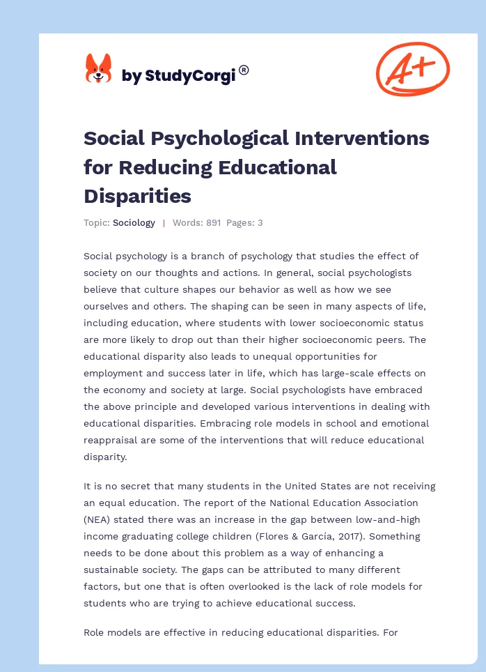 Social Psychological Interventions for Reducing Educational Disparities. Page 1