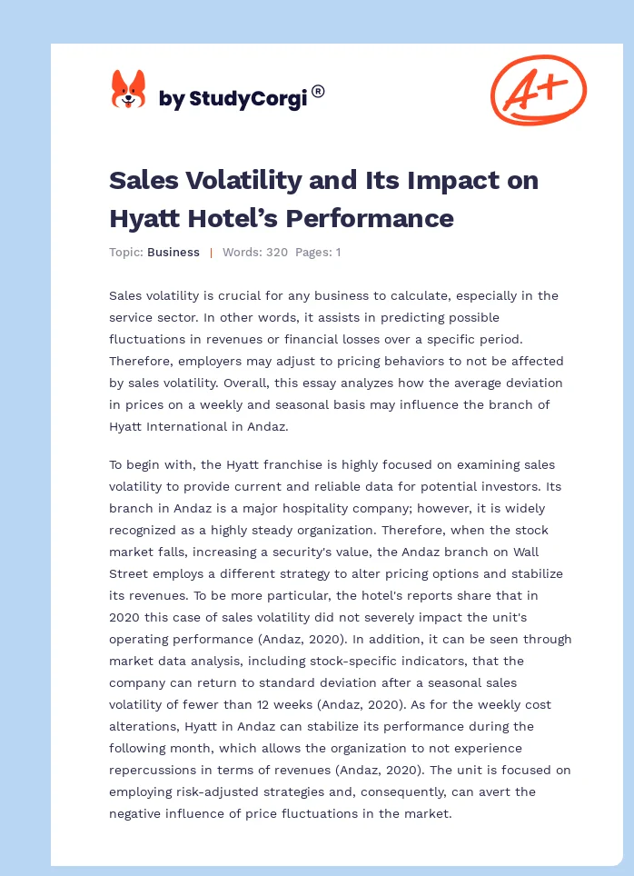 Sales Volatility and Its Impact on Hyatt Hotel’s Performance. Page 1