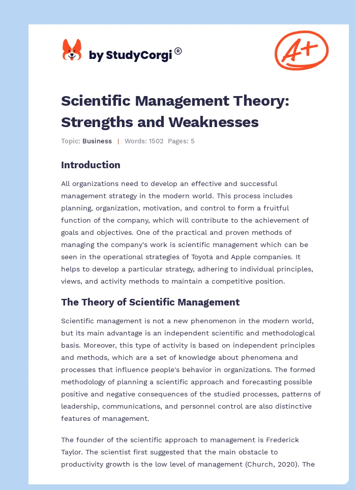 Scientific Management Theory: Strengths and Weaknesses. Page 1