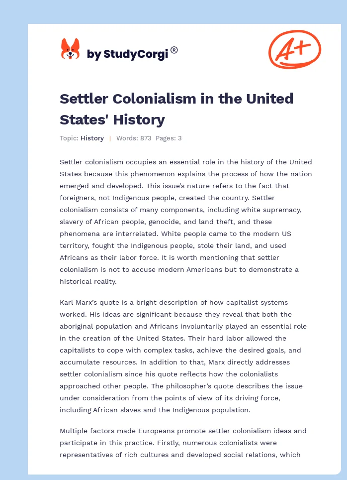Settler Colonialism in the United States' History. Page 1