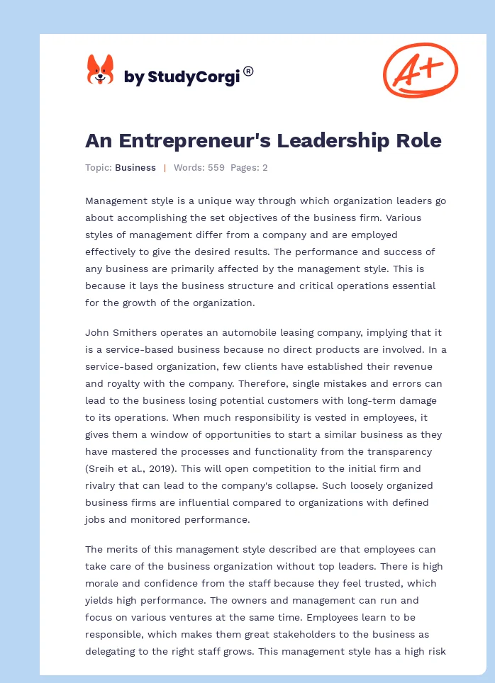An Entrepreneur's Leadership Role. Page 1