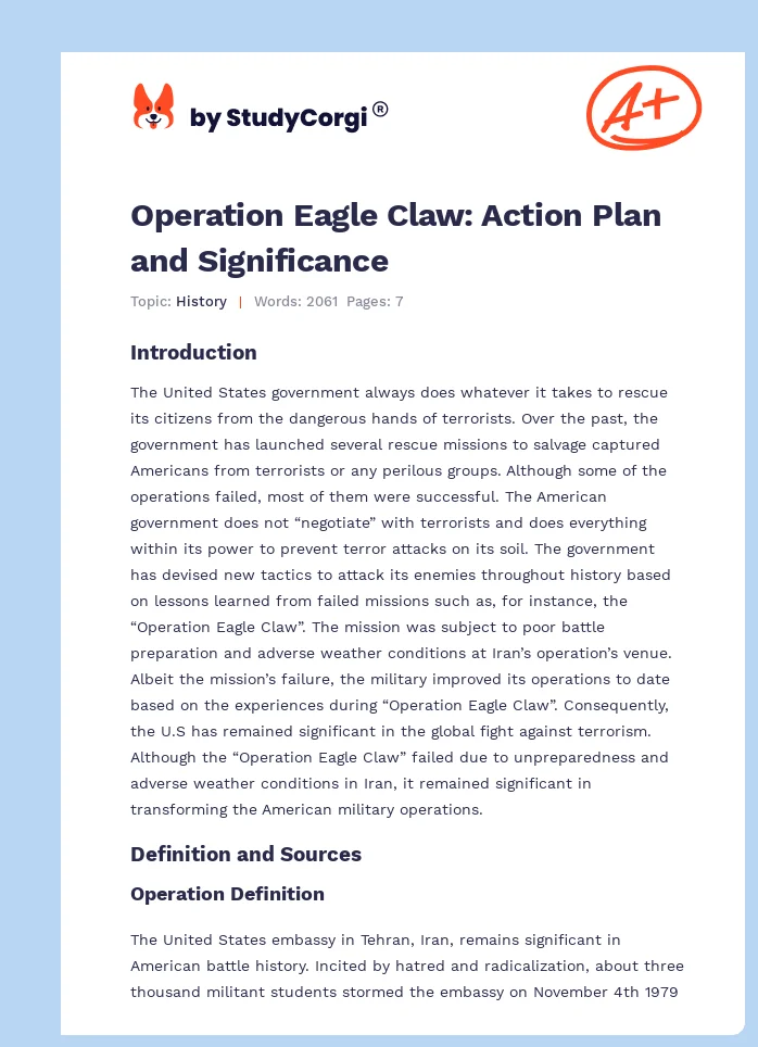 Operation Eagle Claw: Action Plan and Significance. Page 1