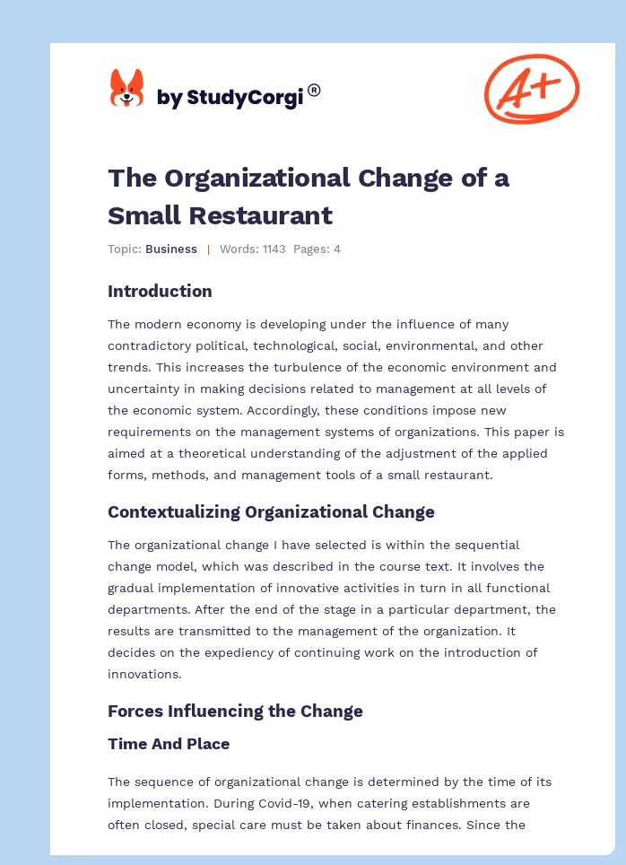 The Organizational Change of a Small Restaurant. Page 1