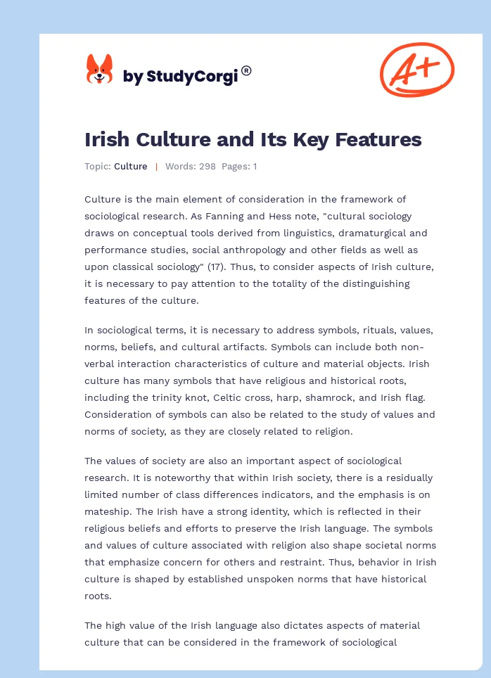 Irish Culture and Its Key Features. Page 1