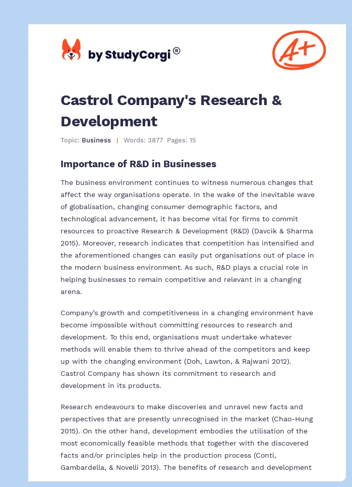 Castrol Company's Research & Development. Page 1