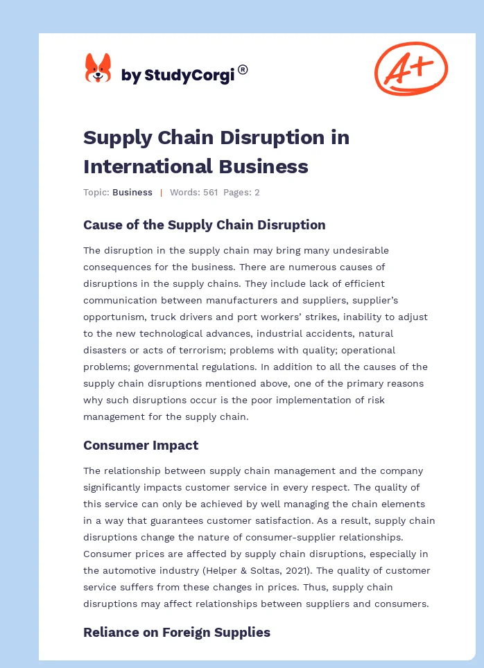 Supply Chain Disruption in International Business. Page 1