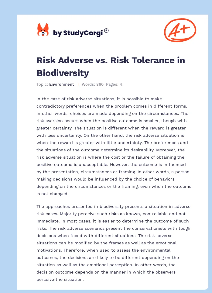Risk Adverse vs. Risk Tolerance in Biodiversity. Page 1