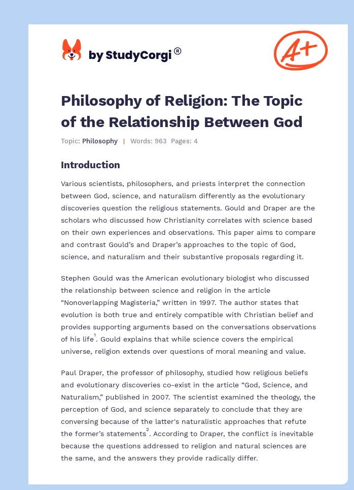 Philosophy of Religion: The Topic of the Relationship Between God. Page 1