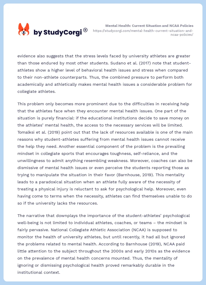 Mental Health: Current Situation and NCAA Policies. Page 2
