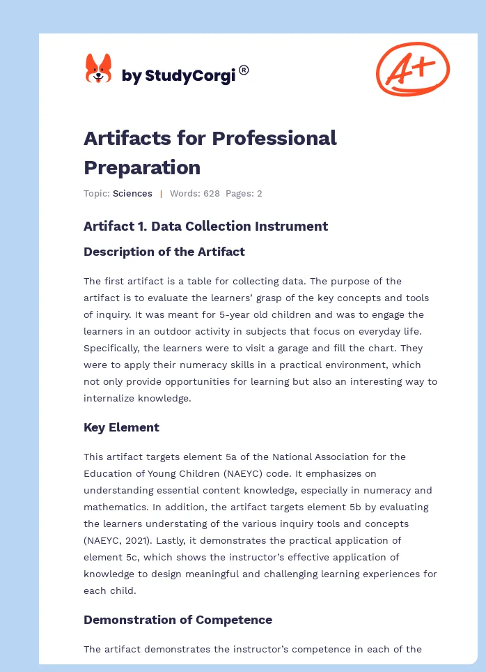 Artifacts for Professional Preparation. Page 1