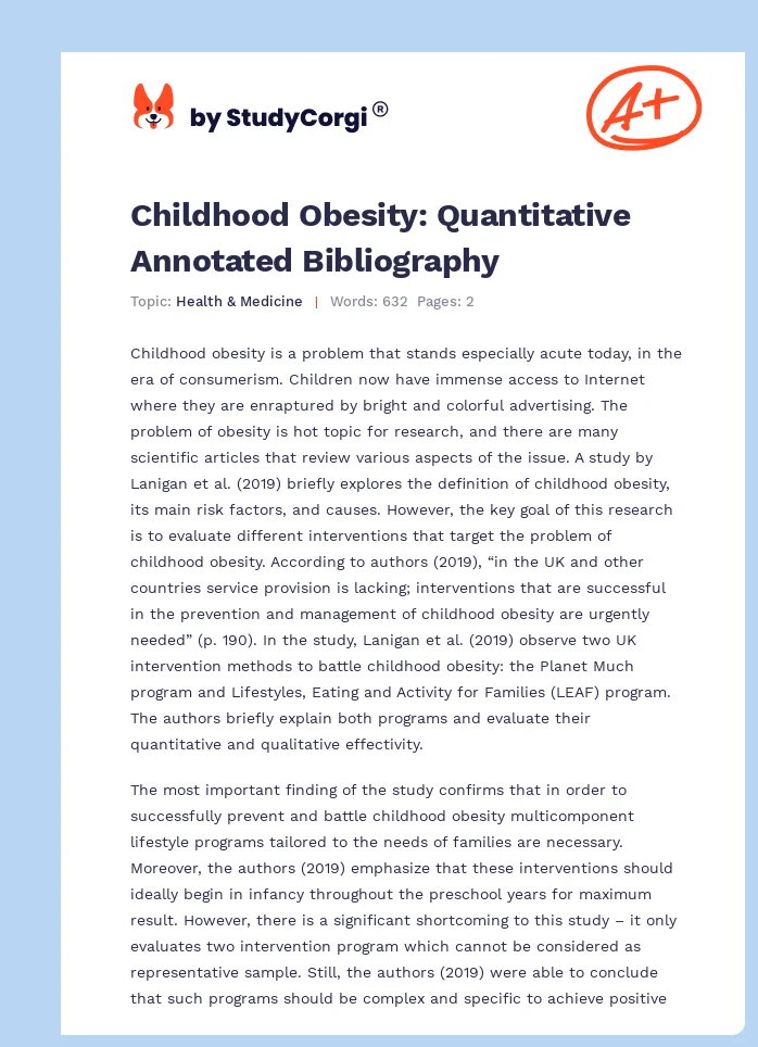 Childhood Obesity: Quantitative Annotated Bibliography. Page 1