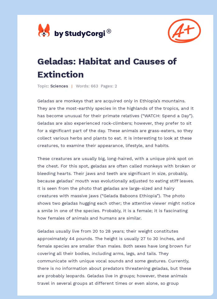 Geladas: Habitat and Causes of Extinction. Page 1