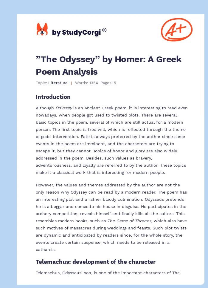 ”The Odyssey” by Homer: A Greek Poem Analysis. Page 1