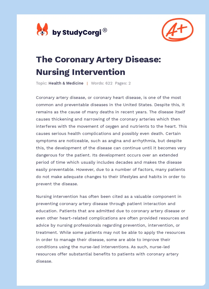 The Coronary Artery Disease: Nursing Intervention. Page 1