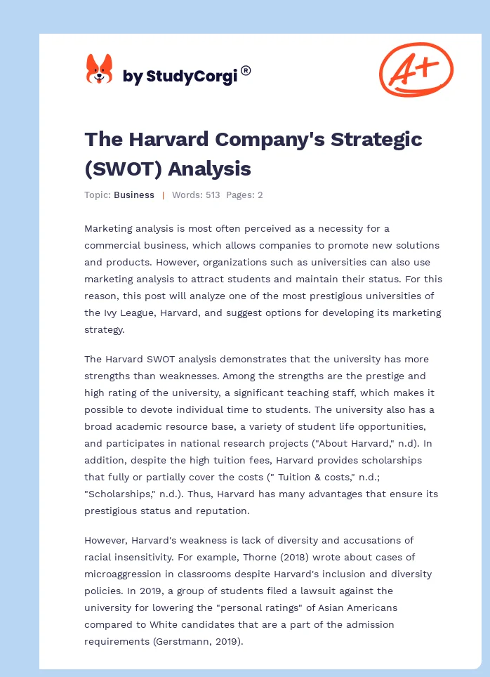 The Harvard Company's Strategic (SWOT) Analysis. Page 1