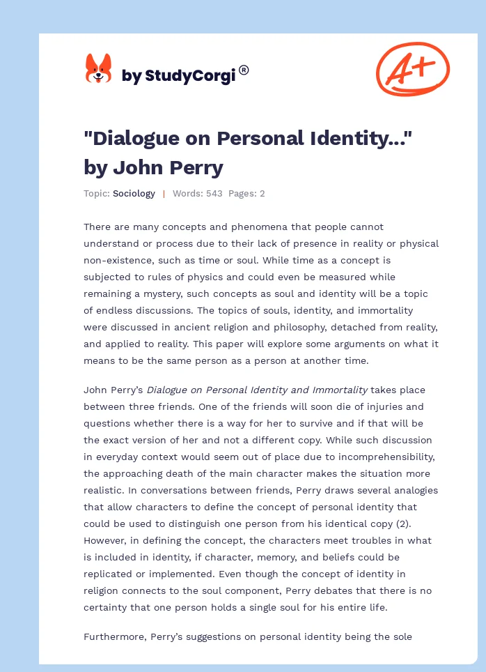 "Dialogue on Personal Identity..." by John Perry. Page 1