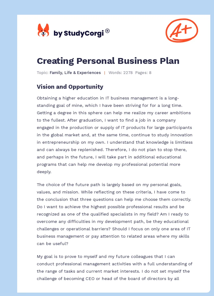Creating Personal Business Plan. Page 1