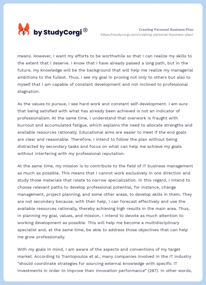 Creating Personal Business Plan. Page 2