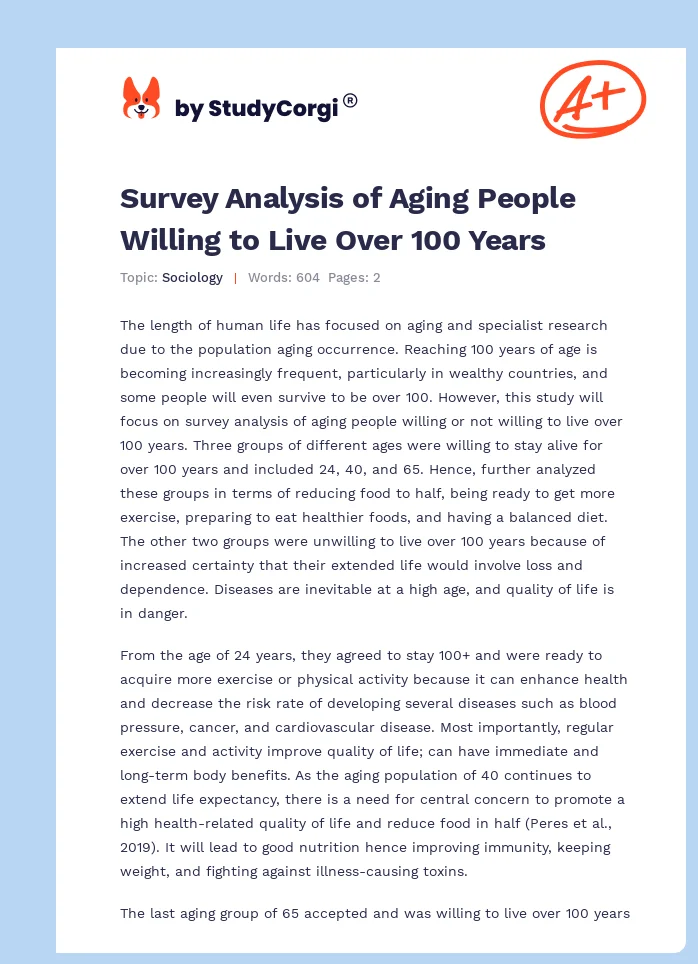 Survey Analysis of Aging People Willing to Live Over 100 Years. Page 1