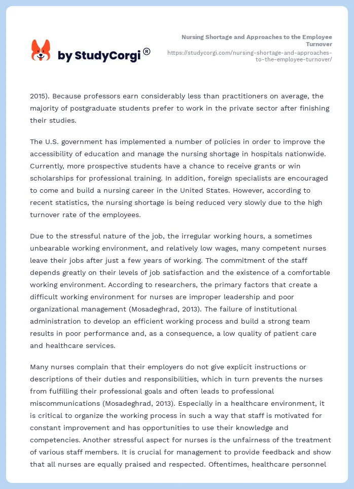 Nursing Shortage and Approaches to the Employee Turnover. Page 2