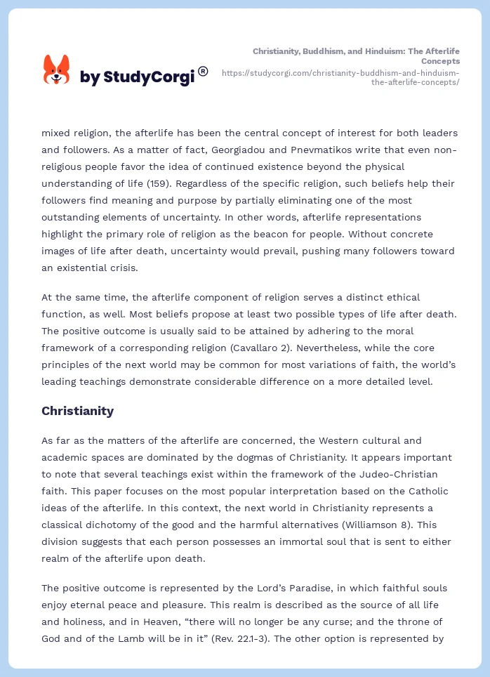 Christianity, Buddhism, and Hinduism: The Afterlife Concepts. Page 2