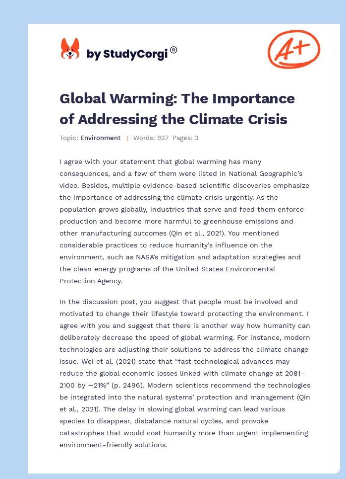 Global Warming: The Importance of Addressing the Climate Crisis. Page 1
