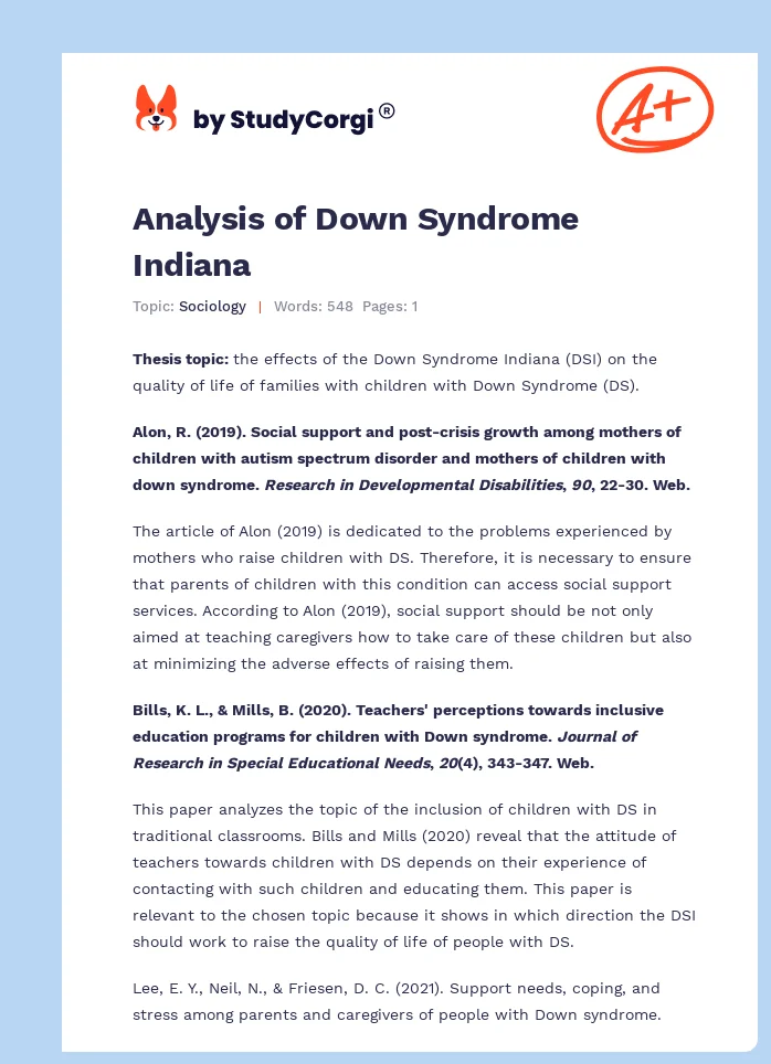 Analysis of Down Syndrome Indiana. Page 1