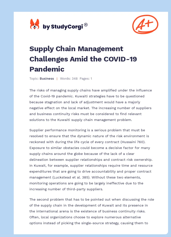 Supply Chain Management Challenges Amid the COVID-19 Pandemic. Page 1