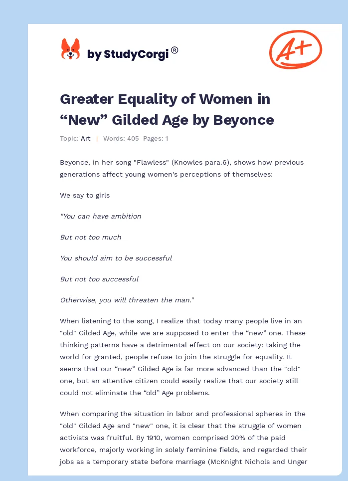 Greater Equality of Women in “New” Gilded Age by Beyonce. Page 1