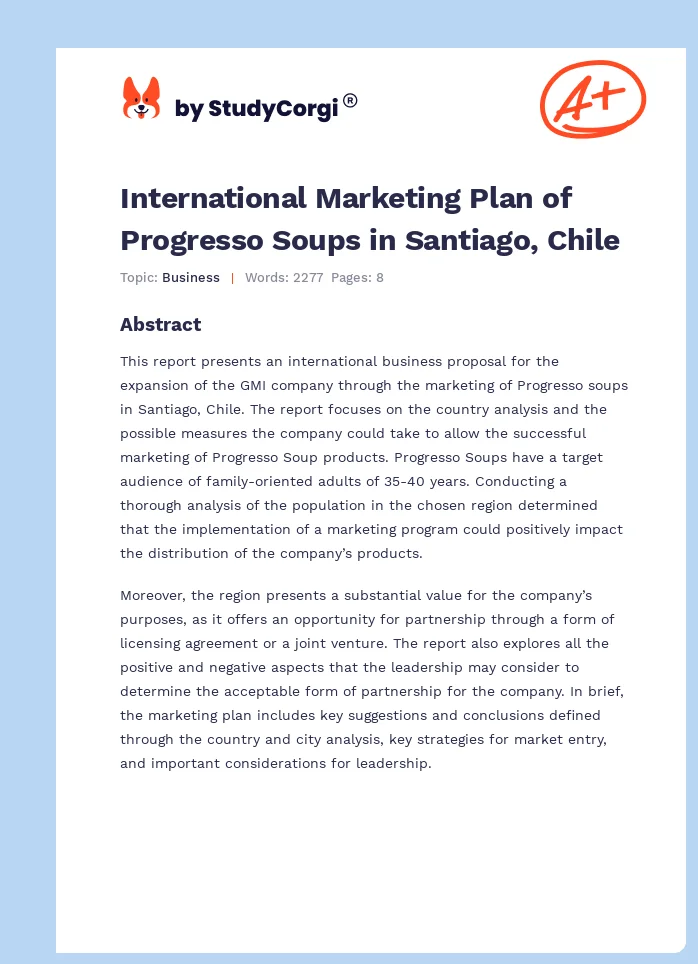 International Marketing Plan of Progresso Soups in Santiago, Chile. Page 1