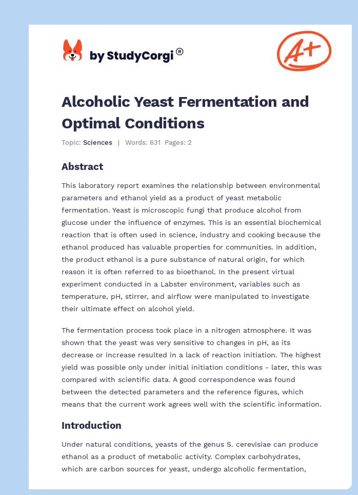 Alcoholic Yeast Fermentation and Optimal Conditions. Page 1