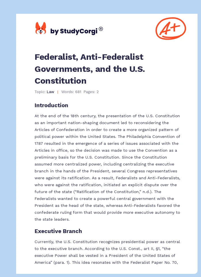 Federalist, Anti-Federalist Governments, and the U.S. Constitution. Page 1
