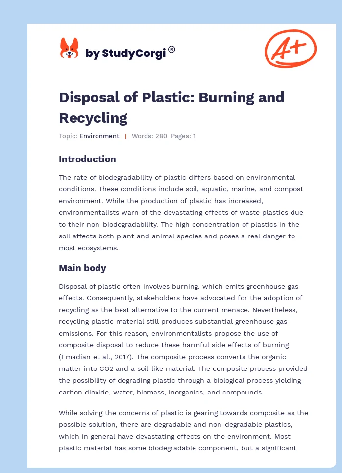 Disposal of Plastic: Burning and Recycling. Page 1