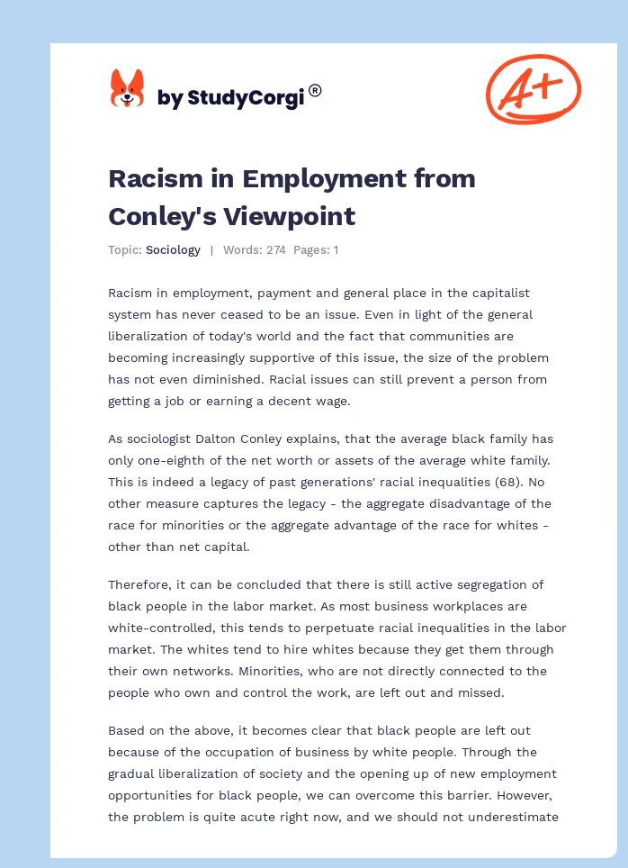 Racism in Employment from Conley's Viewpoint. Page 1