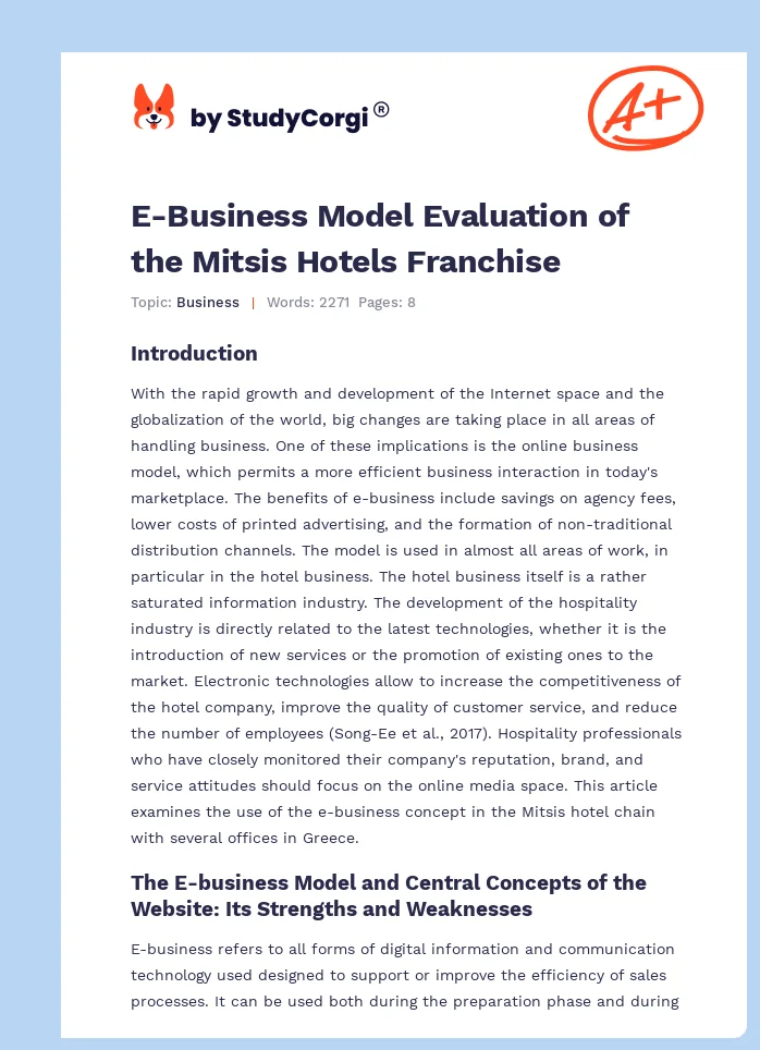 E-Business Model Evaluation of the Mitsis Hotels Franchise. Page 1