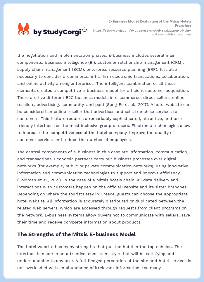 E-Business Model Evaluation of the Mitsis Hotels Franchise. Page 2