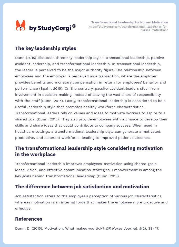 Transformational Leadership for Nurses' Motivation. Page 2