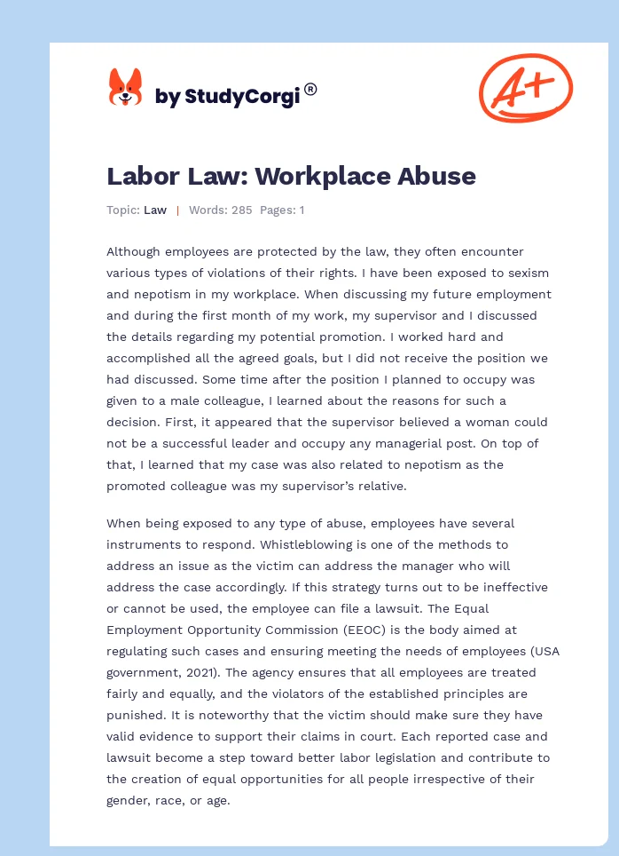 Labor Law: Workplace Abuse. Page 1