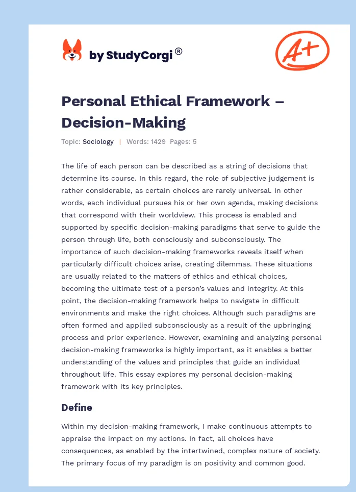 Personal Ethical Framework – Decision-Making. Page 1