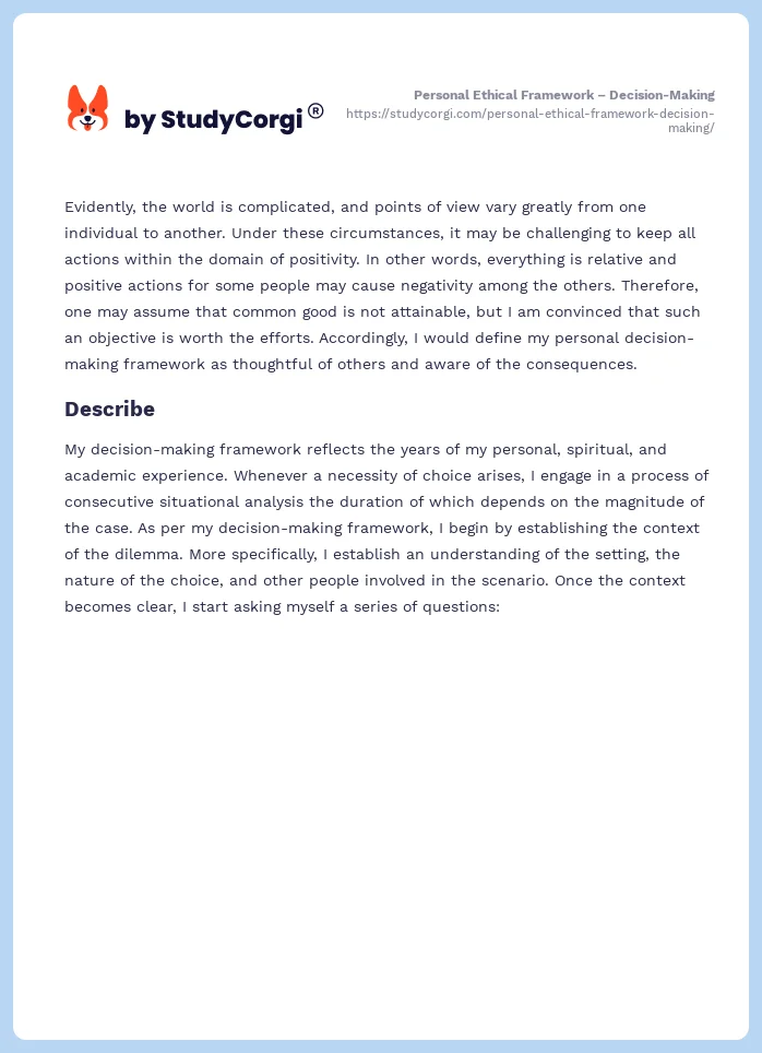 Personal Ethical Framework – Decision-Making. Page 2