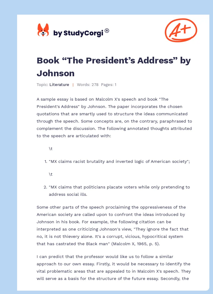 Book “The President’s Address” by Johnson. Page 1