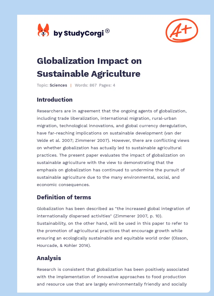 Globalization Impact on Sustainable Agriculture. Page 1