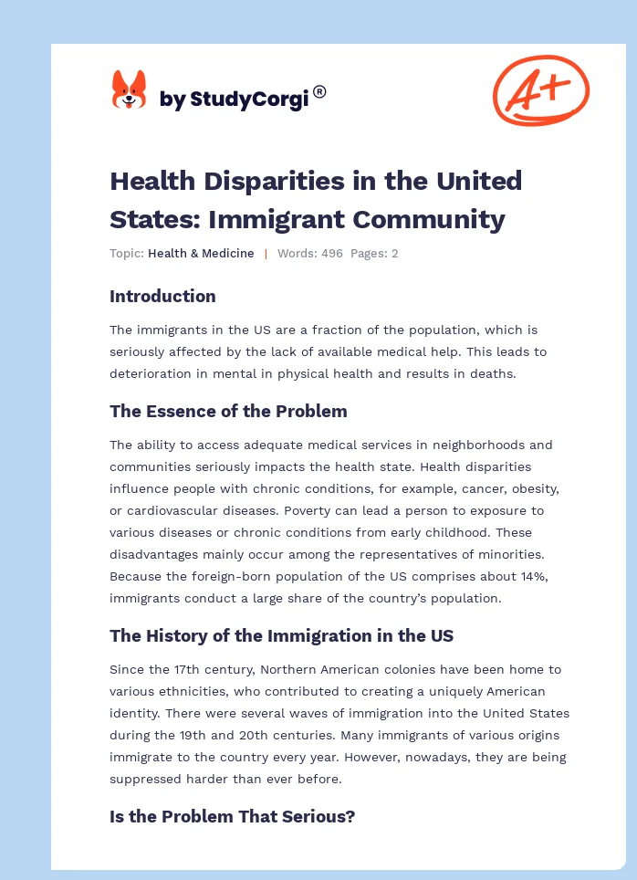 Health Disparities in the United States: Immigrant Community. Page 1