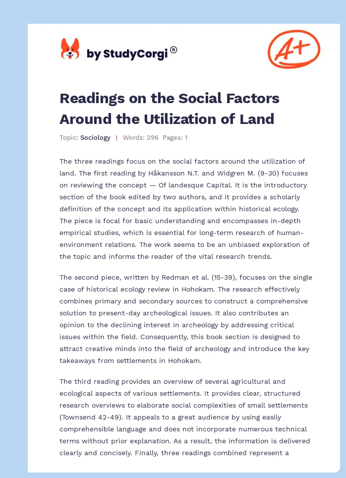 Readings on the Social Factors Around the Utilization of Land. Page 1