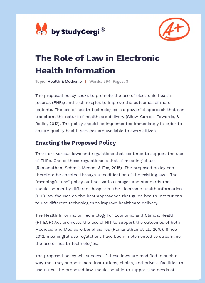 The Role of Law in Electronic Health Information. Page 1
