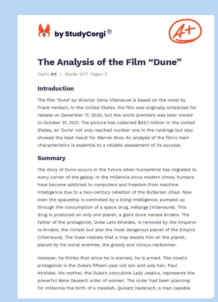 The Analysis of the Film “Dune”. Page 1