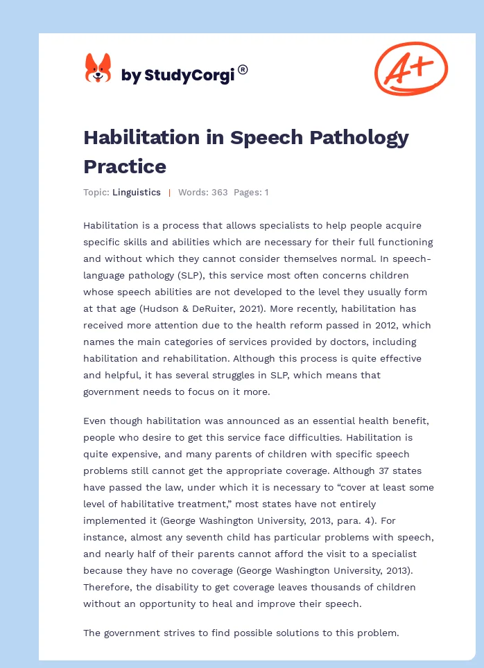 Habilitation in Speech Pathology Practice. Page 1