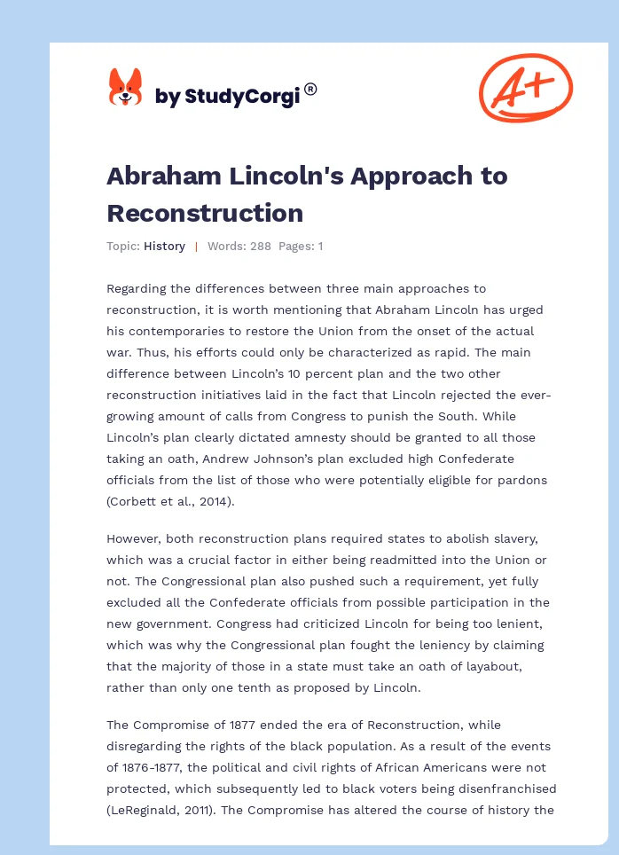 Abraham Lincoln's Approach to Reconstruction. Page 1